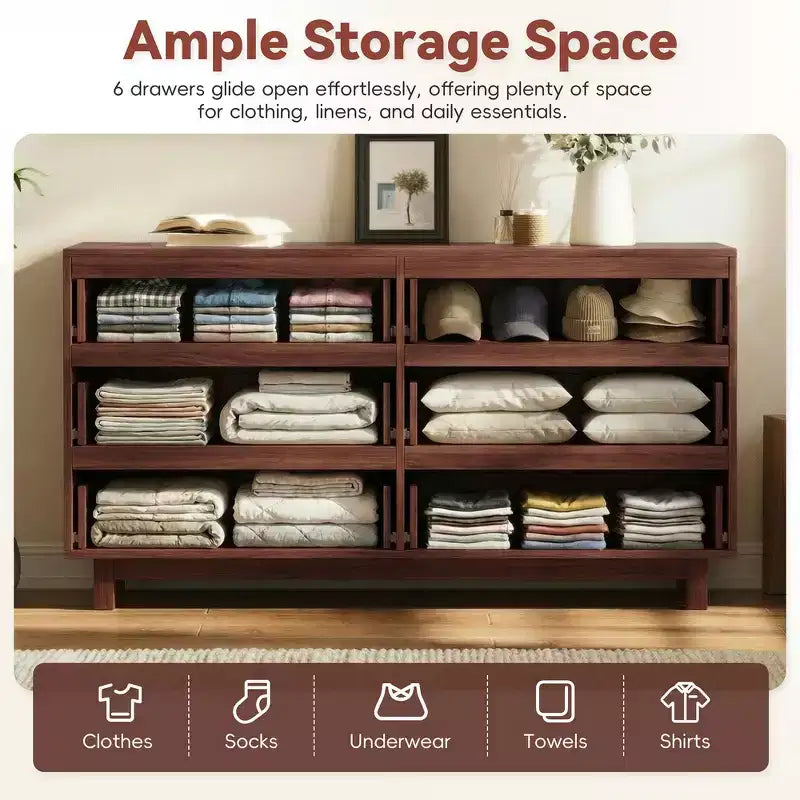 Commode moderne Whisen 60 à 6 tiroirs avec façade ondulée, grande commode de rangement anti-basculement pour chambre à coucher