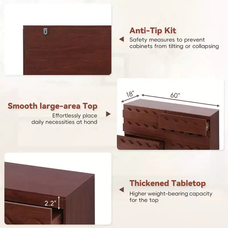Commode moderne Whisen 60 à 6 tiroirs avec façade ondulée, grande commode de rangement anti-basculement pour chambre à coucher