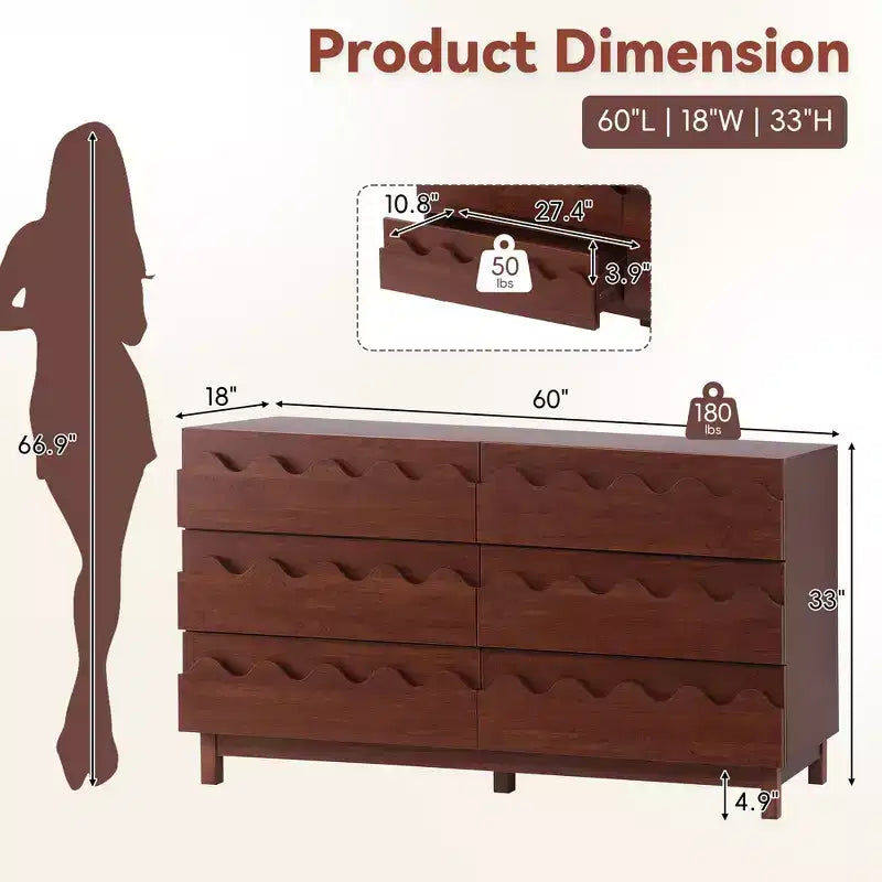 Commode moderne Whisen 60 à 6 tiroirs avec façade ondulée, grande commode de rangement anti-basculement pour chambre à coucher