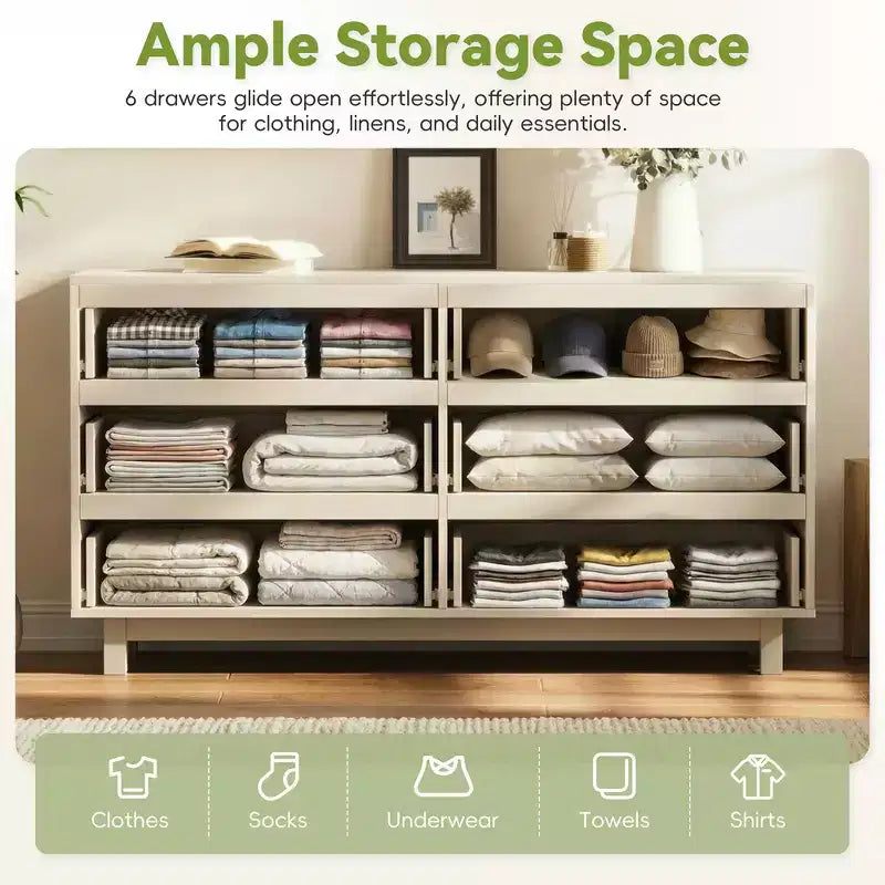 Commode moderne Whisen 60 à 6 tiroirs avec façade ondulée, grande commode de rangement anti-basculement pour chambre à coucher