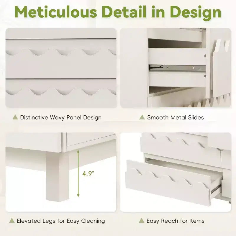 Commode moderne Whisen 60 à 6 tiroirs avec façade ondulée, grande commode de rangement anti-basculement pour chambre à coucher