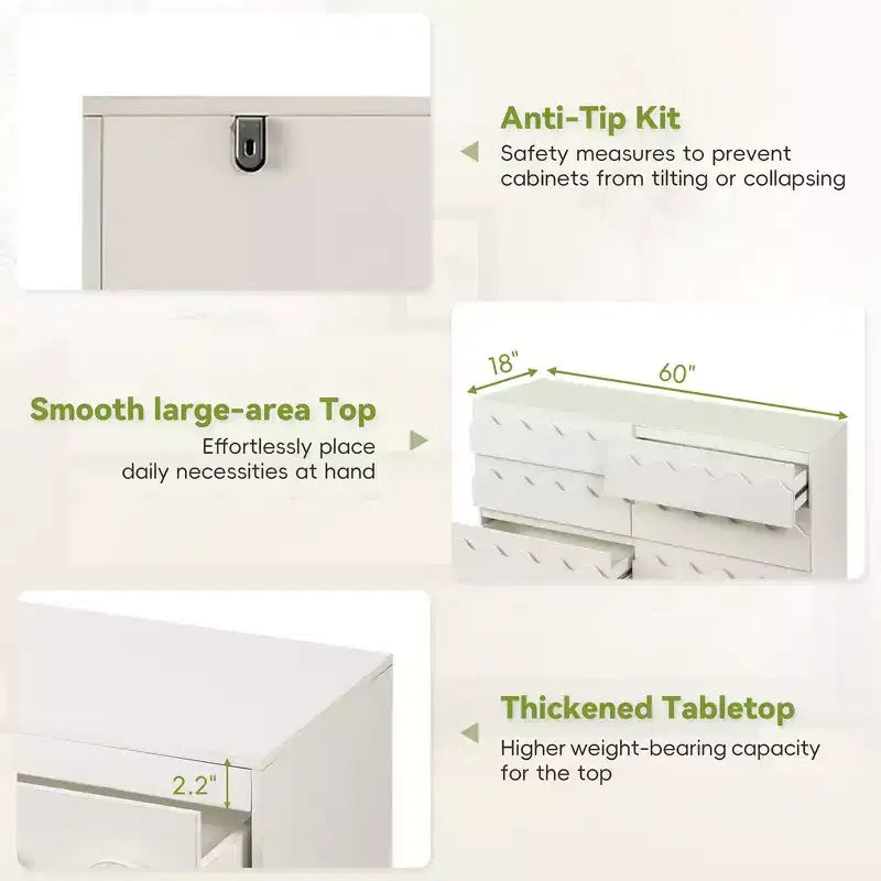 Commode moderne Whisen 60 à 6 tiroirs avec façade ondulée, grande commode de rangement anti-basculement pour chambre à coucher