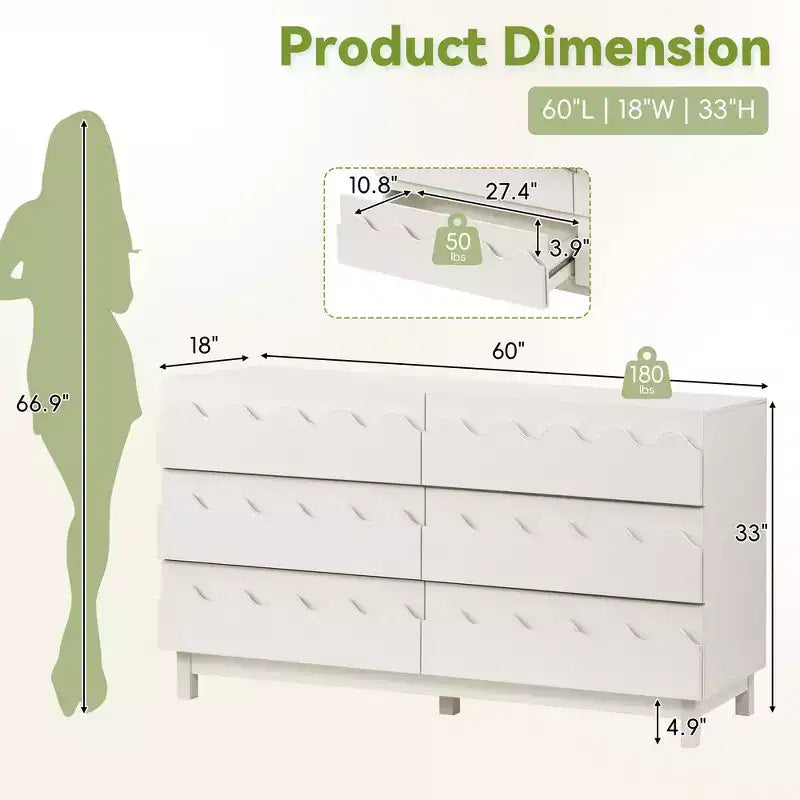 Commode moderne Whisen 60 à 6 tiroirs avec façade ondulée, grande commode de rangement anti-basculement pour chambre à coucher