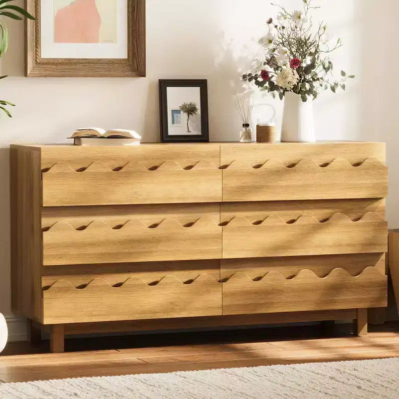 Commode moderne Whisen 60 à 6 tiroirs avec façade ondulée, grande commode de rangement anti-basculement pour chambre à coucher