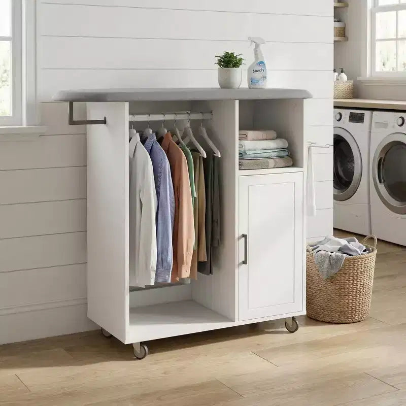 FurnitureR Rolling Garment Rack, Storage Cabinet with Hanging Rod and Shelves, Laundry Organizer with Wheels for Bedroom, Closet or Laundry Room
