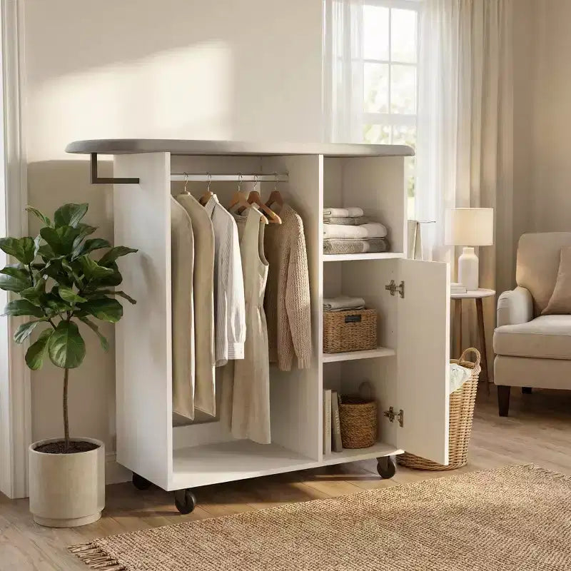 FurnitureR Rolling Garment Rack, Storage Cabinet with Hanging Rod and Shelves, Laundry Organizer with Wheels for Bedroom, Closet or Laundry Room
