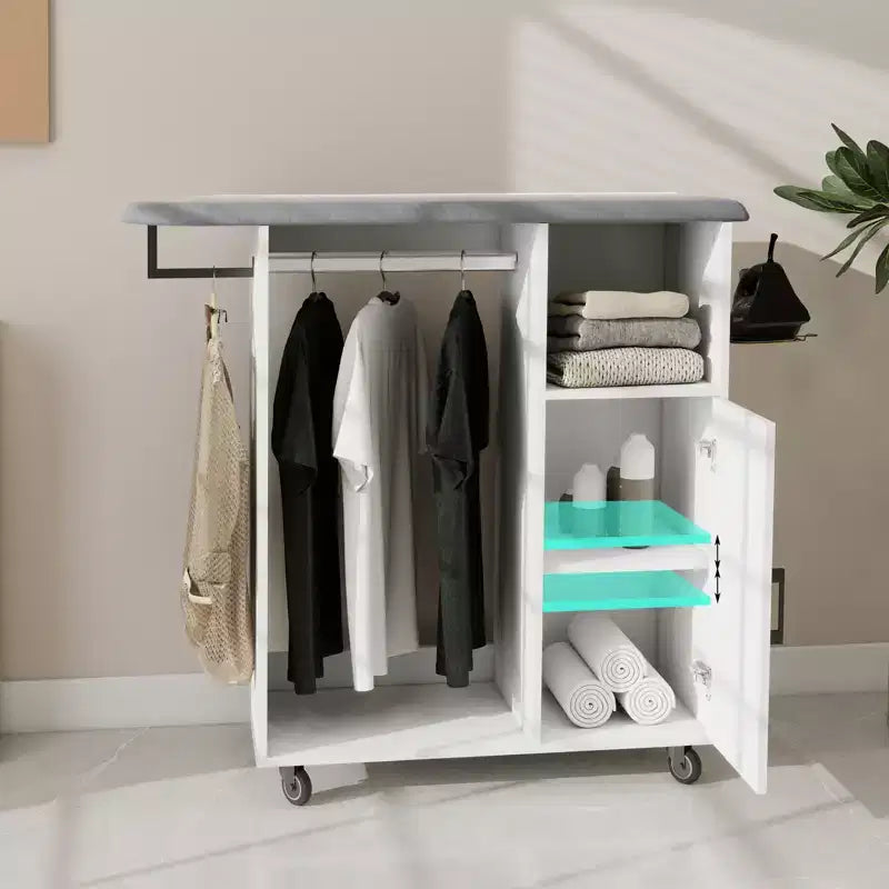 FurnitureR Rolling Garment Rack, Storage Cabinet with Hanging Rod and Shelves, Laundry Organizer with Wheels for Bedroom, Closet or Laundry Room
