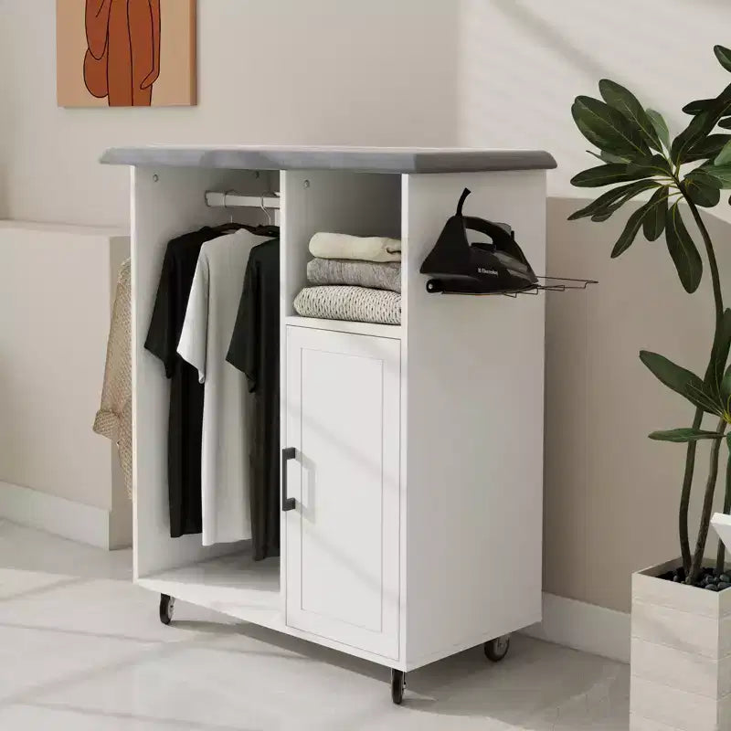 FurnitureR Rolling Garment Rack, Storage Cabinet with Hanging Rod and Shelves, Laundry Organizer with Wheels for Bedroom, Closet or Laundry Room