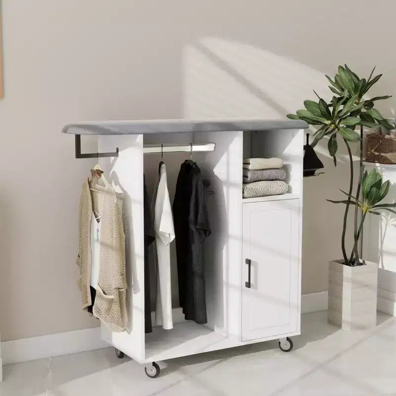FurnitureR Rolling Garment Rack, Storage Cabinet with Hanging Rod and Shelves, Laundry Organizer with Wheels for Bedroom, Closet or Laundry Room