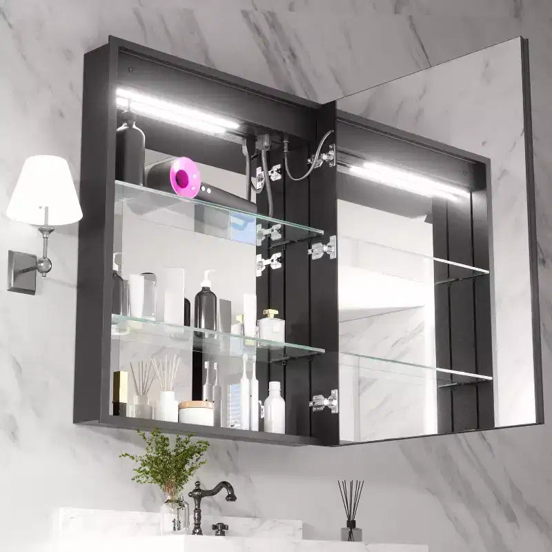 FAMYYT Armoire à pharmacie en aluminium de 24 po L x 30 po H avec miroir, lumière fluide, intensité variable, anti-buée