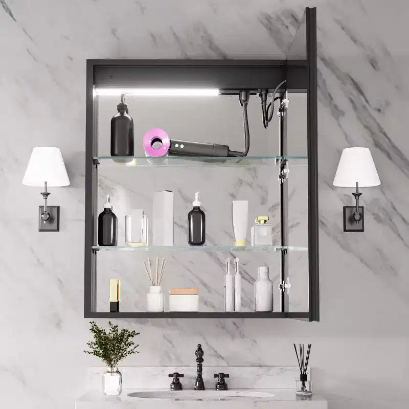 FAMYYT Armoire à pharmacie en aluminium de 24 po L x 30 po H avec miroir, lumière fluide, intensité variable, anti-buée
