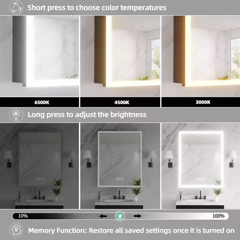 FAMYYT Armoire à pharmacie en aluminium de 24 po L x 30 po H avec miroir, lumière fluide, intensité variable, anti-buée
