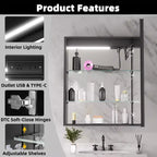 FAMYYT Armoire à pharmacie en aluminium de 24 po L x 30 po H avec miroir, lumière fluide, intensité variable, anti-buée