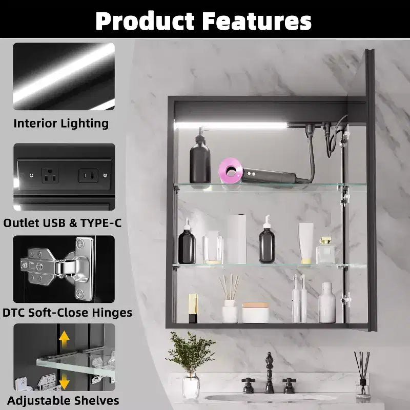 FAMYYT Armoire à pharmacie en aluminium de 24 po L x 30 po H avec miroir, lumière fluide, intensité variable, anti-buée