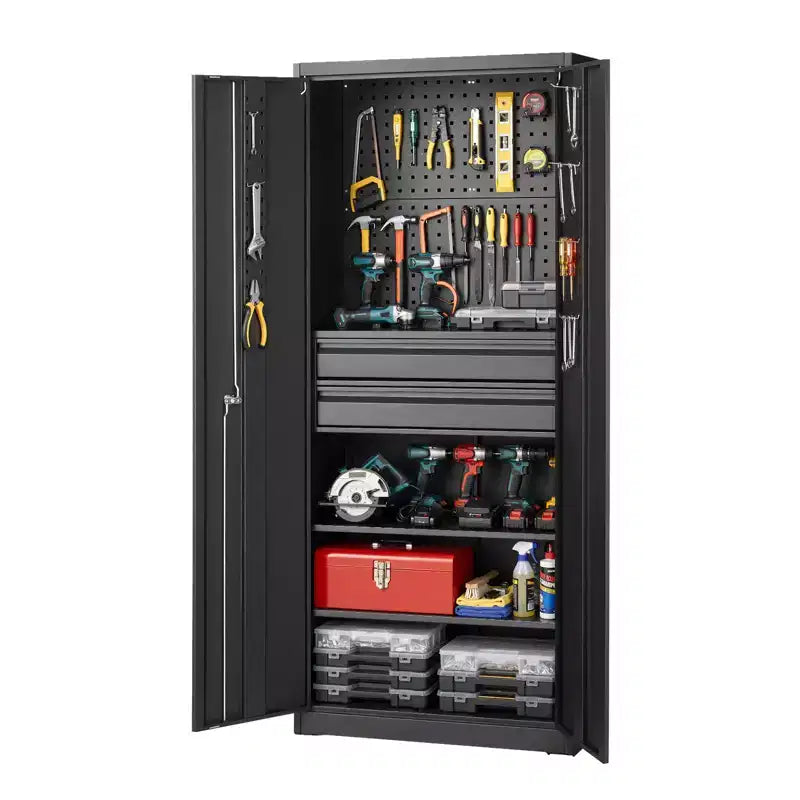 VEVOR Metal Storage Cabinet, 180 lbs Shelf Load Capacity, 70.87 Tall Garage Tool Storage Cabinet with 2 Locking Doors, Shelves, 2 Drawers, Black