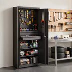 Armoire de rangement métallique VEVOR, capacité de charge d'étagère de 81,6 kg, armoire de rangement d'outils de garage de 180 cm de haut avec 2 portes verrouillables, étagères, 2 tiroirs, noire