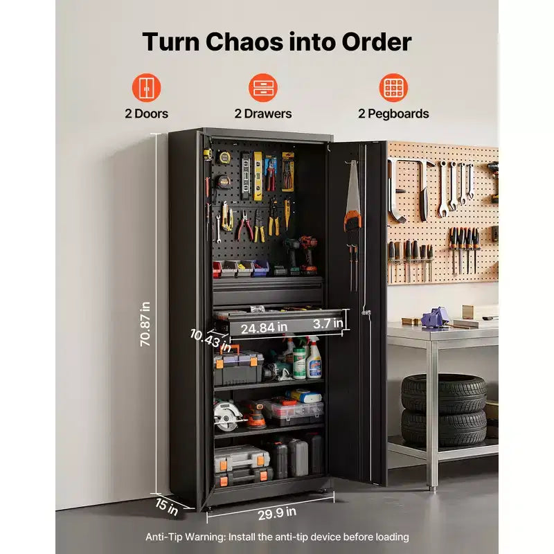 Armoire de rangement métallique VEVOR, capacité de charge d'étagère de 81,6 kg, armoire de rangement d'outils de garage de 180 cm de haut avec 2 portes verrouillables, étagères, 2 tiroirs, noire