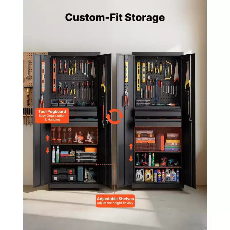 Armoire de rangement métallique VEVOR, capacité de charge d'étagère de 81,6 kg, armoire de rangement d'outils de garage de 180 cm de haut avec 2 portes verrouillables, étagères, 2 tiroirs, noire