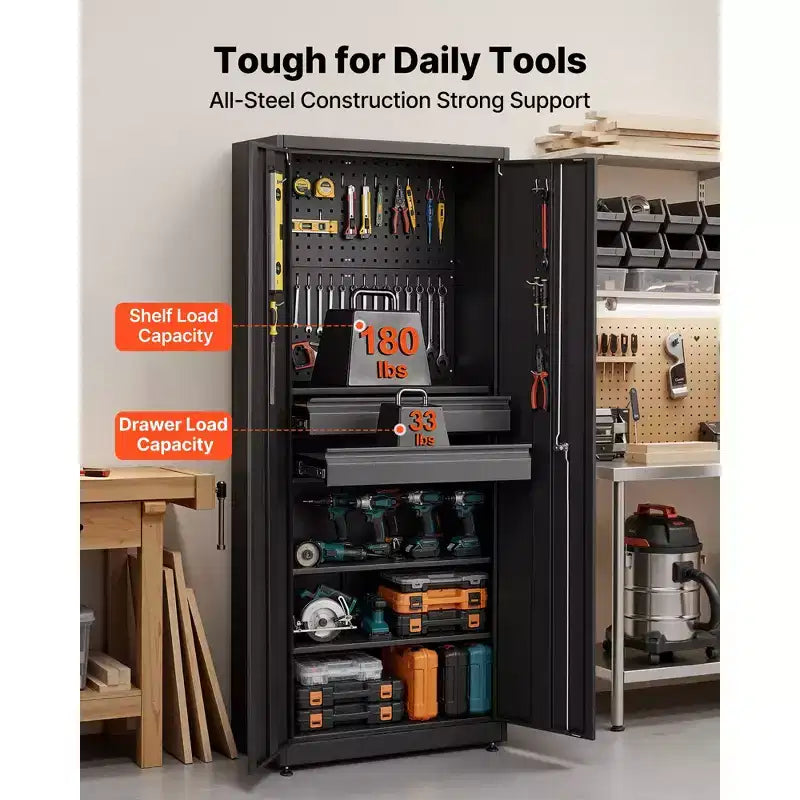 Armoire de rangement métallique VEVOR, capacité de charge d'étagère de 81,6 kg, armoire de rangement d'outils de garage de 180 cm de haut avec 2 portes verrouillables, étagères, 2 tiroirs, noire