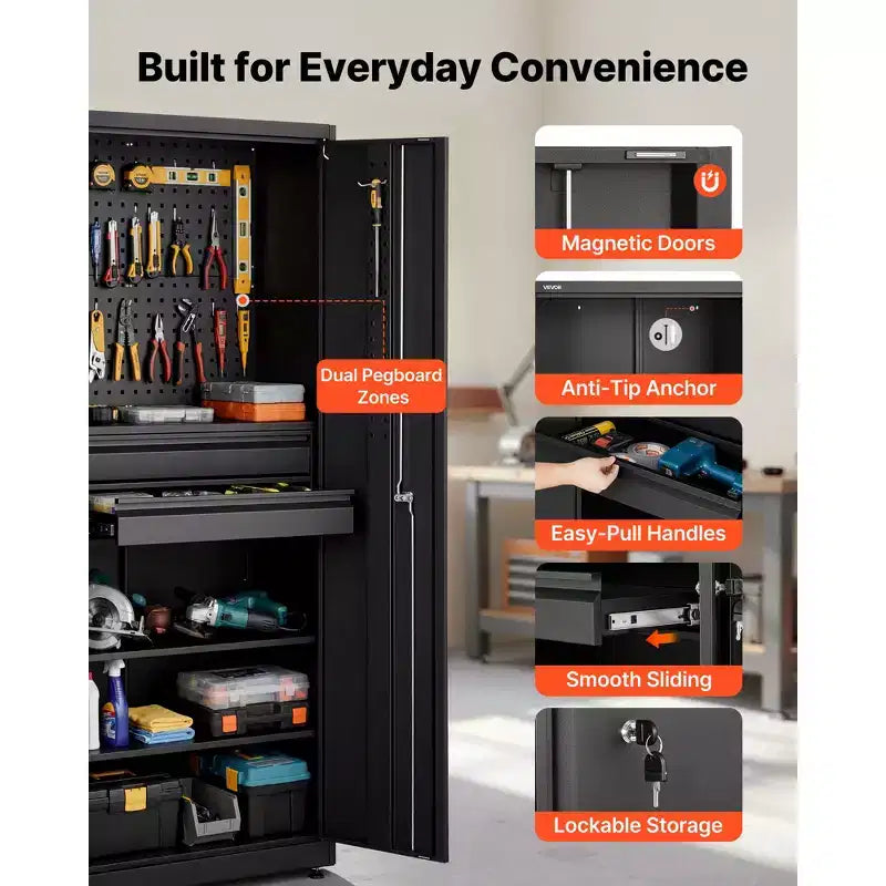 Armoire de rangement métallique VEVOR, capacité de charge d'étagère de 81,6 kg, armoire de rangement d'outils de garage de 180 cm de haut avec 2 portes verrouillables, étagères, 2 tiroirs, noire