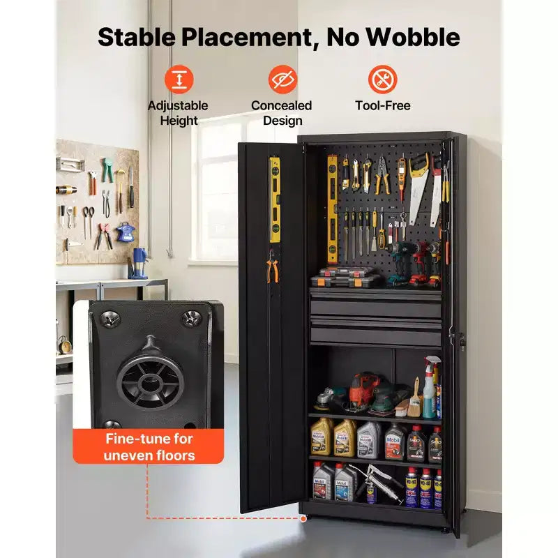 Armoire de rangement métallique VEVOR, capacité de charge d'étagère de 81,6 kg, armoire de rangement d'outils de garage de 180 cm de haut avec 2 portes verrouillables, étagères, 2 tiroirs, noire