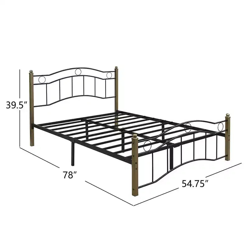 Whisen Full Metal Bed, Platform Bed Frame with Wavy Headboard, Geometric Footboard, Classic Finials, Center Bar, Easy Assembly - Black & Gold