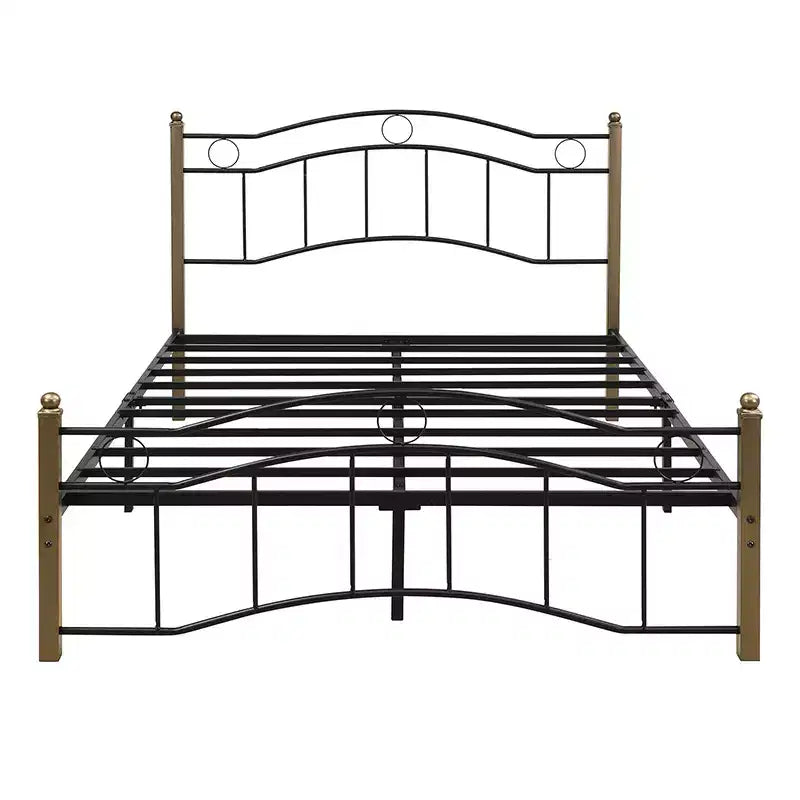 Whisen Full Metal Bed, Platform Bed Frame with Wavy Headboard, Geometric Footboard, Classic Finials, Center Bar, Easy Assembly - Black & Gold