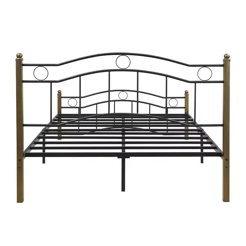 Whisen Full Metal Bed, Platform Bed Frame with Wavy Headboard, Geometric Footboard, Classic Finials, Center Bar, Easy Assembly - Black & Gold