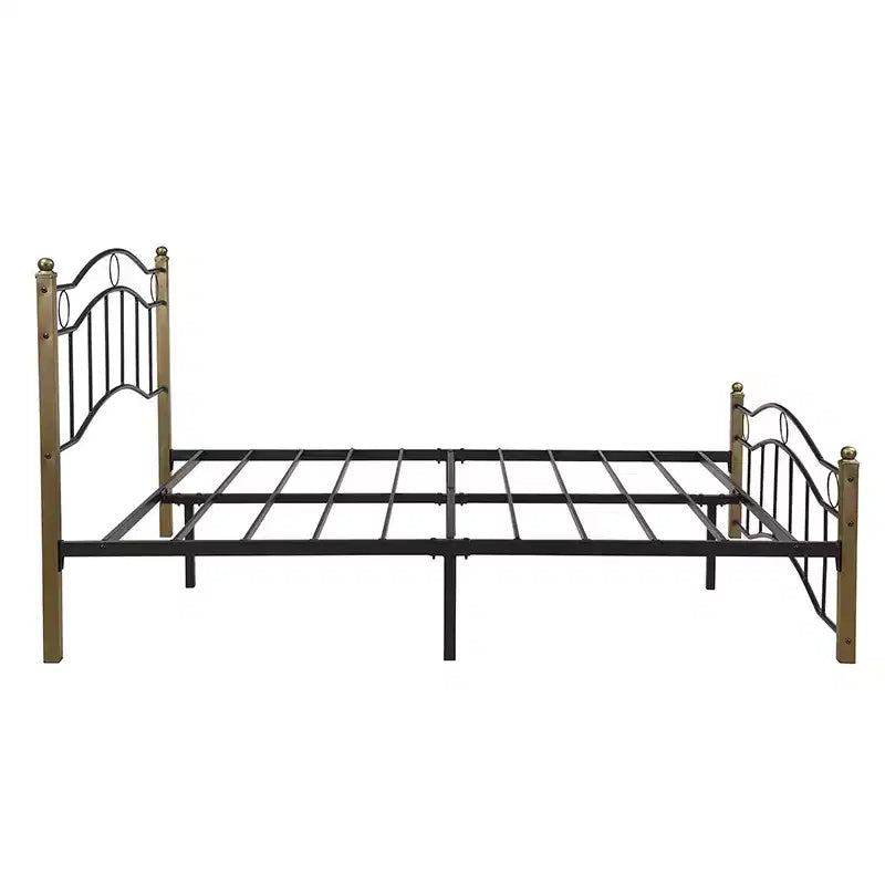 Whisen Full Metal Bed, Platform Bed Frame with Wavy Headboard, Geometric Footboard, Classic Finials, Center Bar, Easy Assembly - Black & Gold
