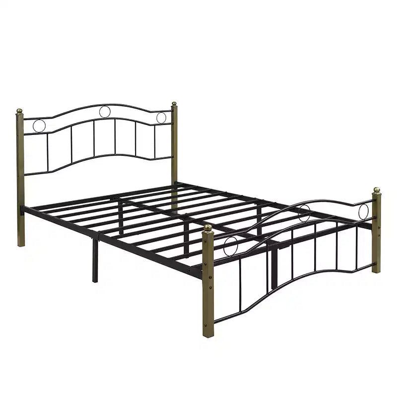 Whisen Full Metal Bed, Platform Bed Frame with Wavy Headboard, Geometric Footboard, Classic Finials, Center Bar, Easy Assembly - Black & Gold