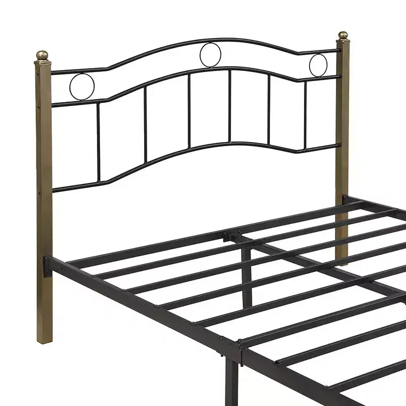 Whisen Full Metal Bed, Platform Bed Frame with Wavy Headboard, Geometric Footboard, Classic Finials, Center Bar, Easy Assembly - Black & Gold
