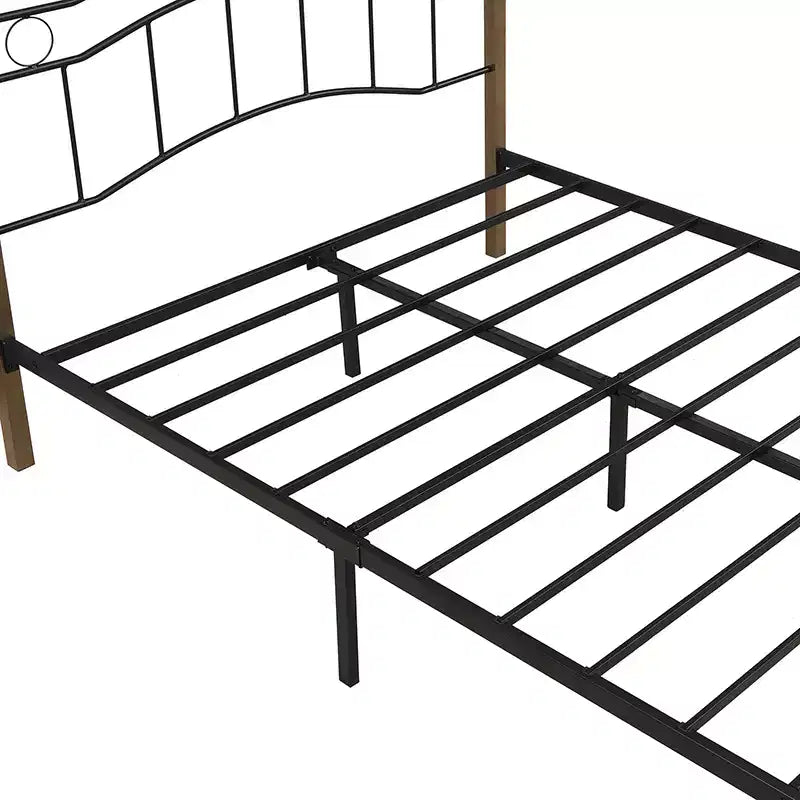 Whisen Full Metal Bed, Platform Bed Frame with Wavy Headboard, Geometric Footboard, Classic Finials, Center Bar, Easy Assembly - Black & Gold