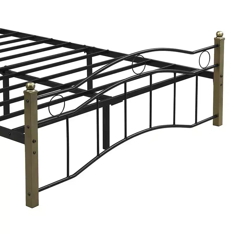Whisen Full Metal Bed, Platform Bed Frame with Wavy Headboard, Geometric Footboard, Classic Finials, Center Bar, Easy Assembly - Black & Gold