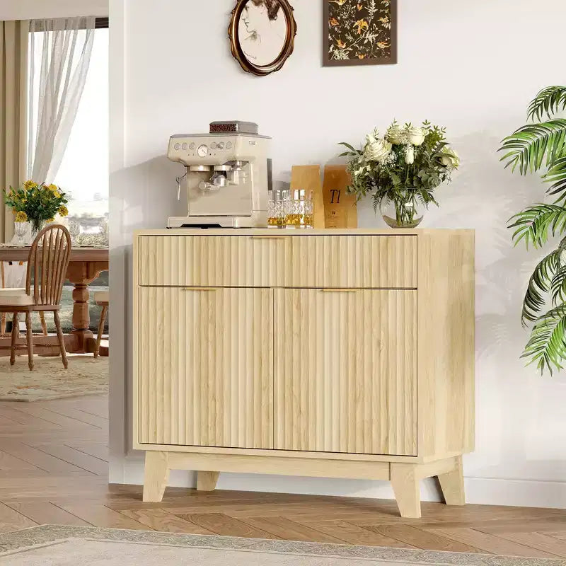 Natural Oak Fluted Sideboard Buffet Cabinet with Storage - Modern Accent Cabinet with Adjustable Shelf & Drawer for Kitchen, Entryway & Living Room