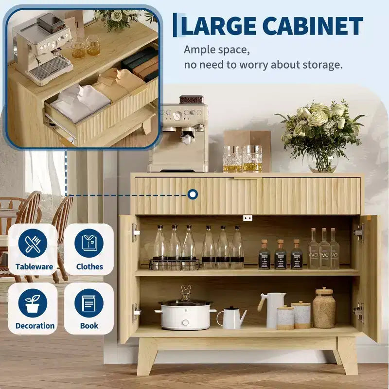 Buffet / Meuble de Rangement en Chêne Naturel Cannelé – Commode d'Appoint Moderne avec Étagère Réglable et Tiroir pour Cuisine, Entrée et Salon