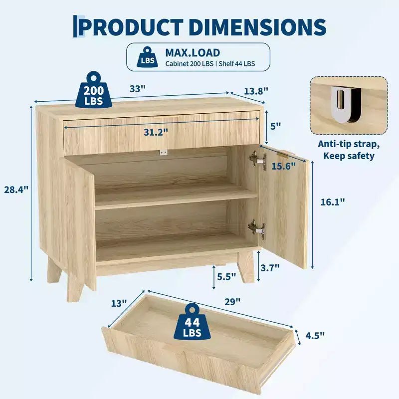 Buffet / Meuble de Rangement en Chêne Naturel Cannelé – Commode d'Appoint Moderne avec Étagère Réglable et Tiroir pour Cuisine, Entrée et Salon