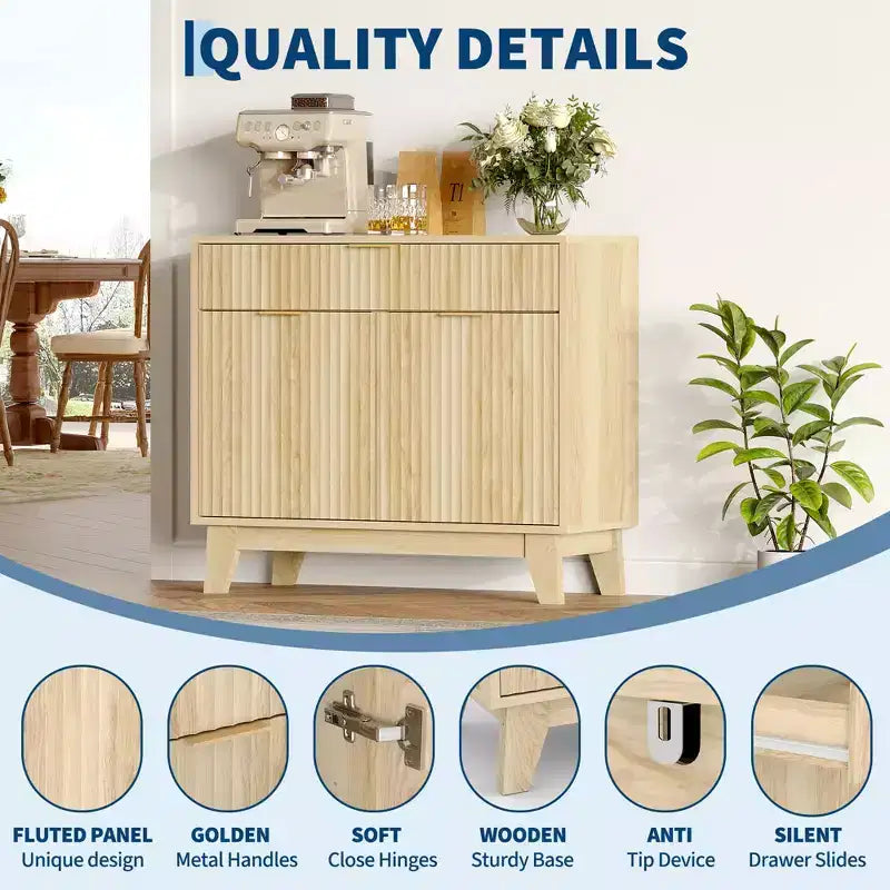 Buffet / Meuble de Rangement en Chêne Naturel Cannelé – Commode d'Appoint Moderne avec Étagère Réglable et Tiroir pour Cuisine, Entrée et Salon