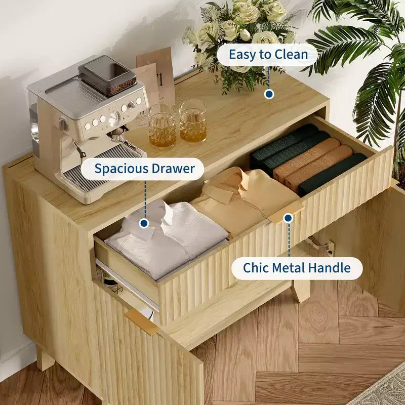 Buffet / Meuble de Rangement en Chêne Naturel Cannelé – Commode d'Appoint Moderne avec Étagère Réglable et Tiroir pour Cuisine, Entrée et Salon