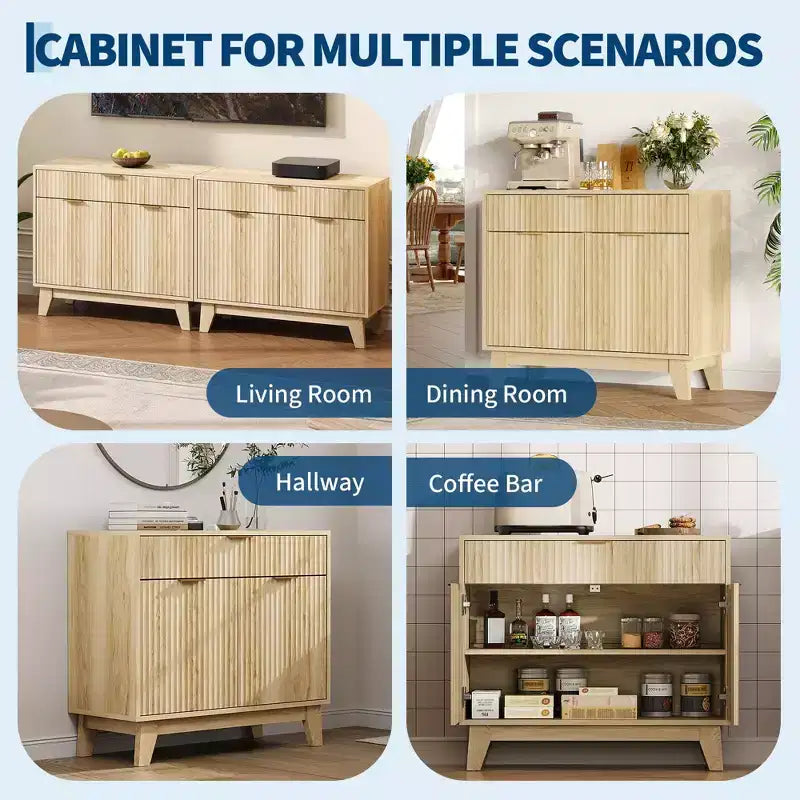 Buffet / Meuble de Rangement en Chêne Naturel Cannelé – Commode d'Appoint Moderne avec Étagère Réglable et Tiroir pour Cuisine, Entrée et Salon