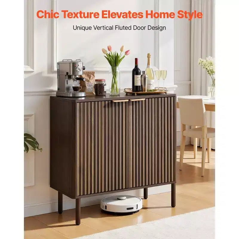VEVOR Coffee Bar Cabinet, Mid Century Fluted Coffee Bar Table with 2-Tier Storage, Buffet Stand Cabinet with Barn Door, 31.5 x 14.7 x 31.5 in, Brown