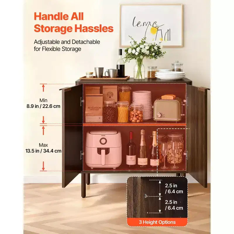 VEVOR Coffee Bar Cabinet, Mid Century Fluted Coffee Bar Table with 2-Tier Storage, Buffet Stand Cabinet with Barn Door, 31.5 x 14.7 x 31.5 in, Brown