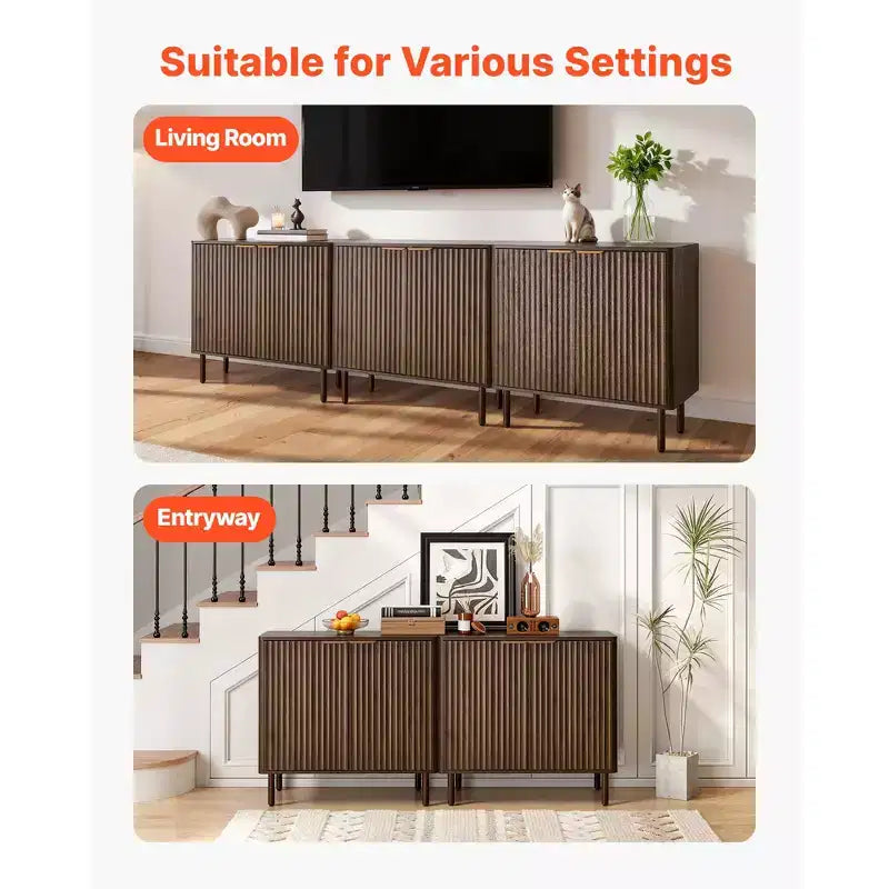 VEVOR Coffee Bar Cabinet, Mid Century Fluted Coffee Bar Table with 2-Tier Storage, Buffet Stand Cabinet with Barn Door, 31.5 x 14.7 x 31.5 in, Brown
