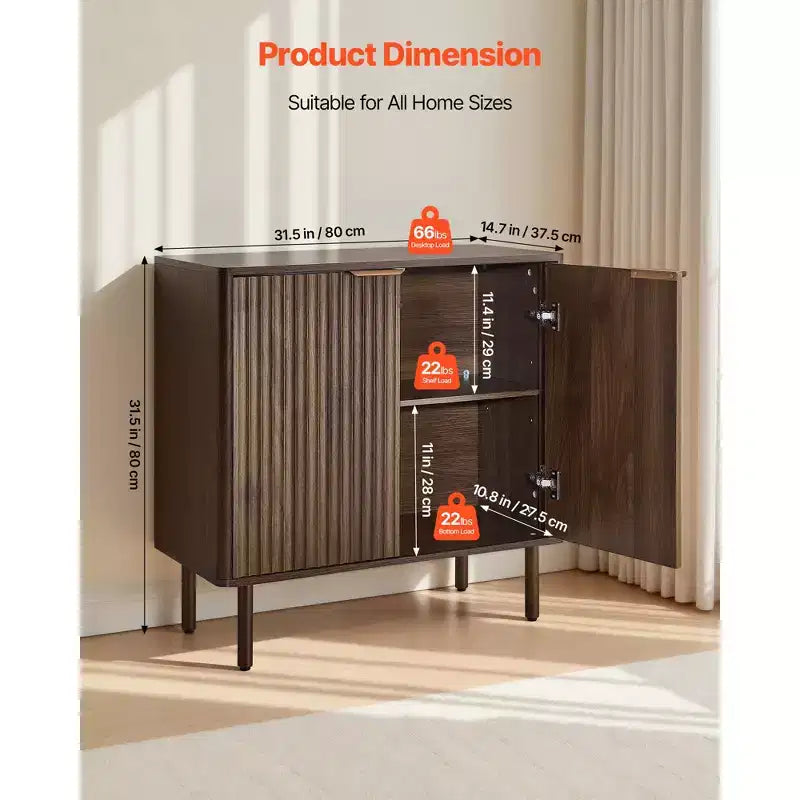 VEVOR Coffee Bar Cabinet, Mid Century Fluted Coffee Bar Table with 2-Tier Storage, Buffet Stand Cabinet with Barn Door, 31.5 x 14.7 x 31.5 in, Brown