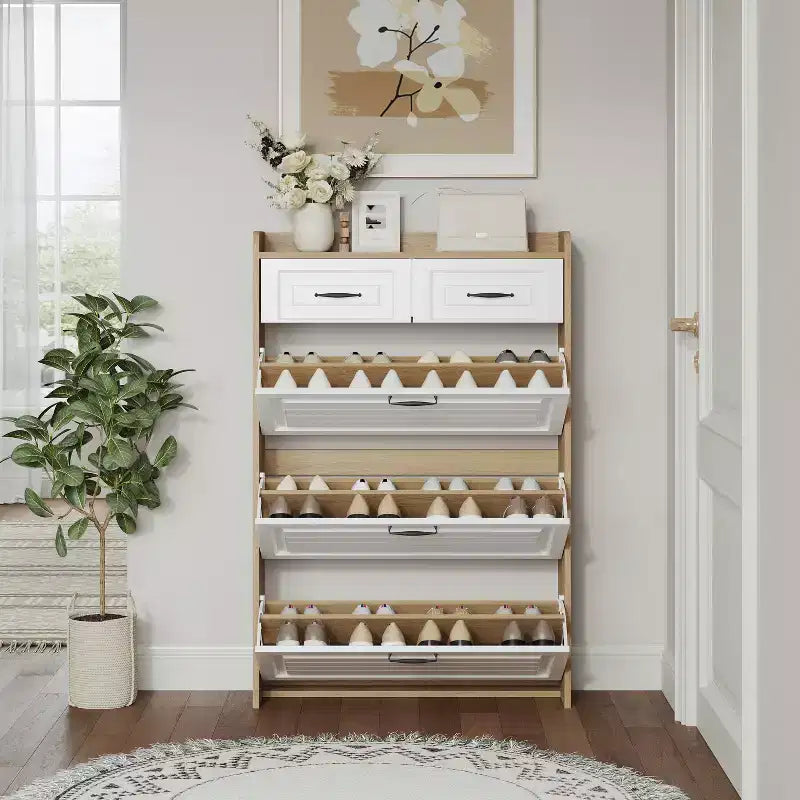 Meuble à chaussures chêne blanc 1250 avec 3 portes et 2 tiroirs