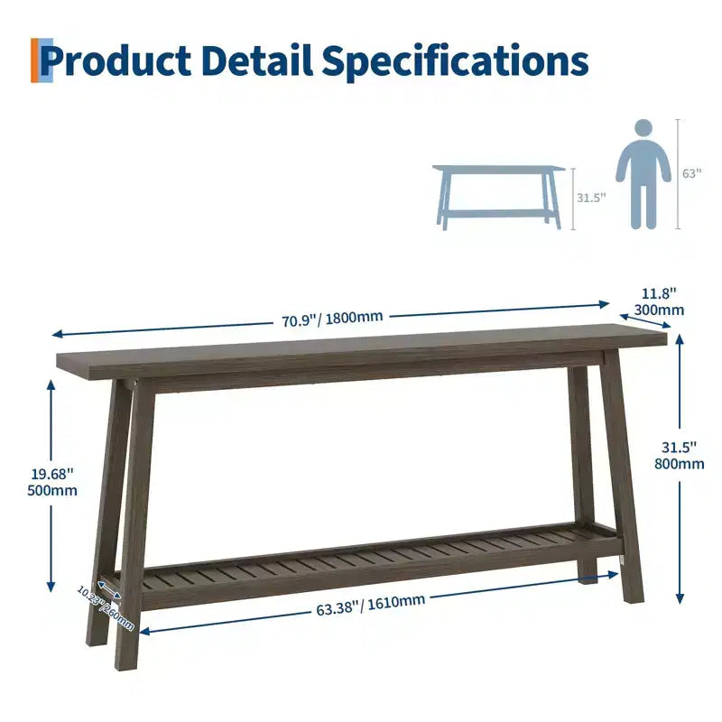 Extra Long 70.9 2-Tier Wooden Console Table - Narrow Rustic Farmhouse Sofa Table Behind Couch for Hallway, Entryway, Foyer