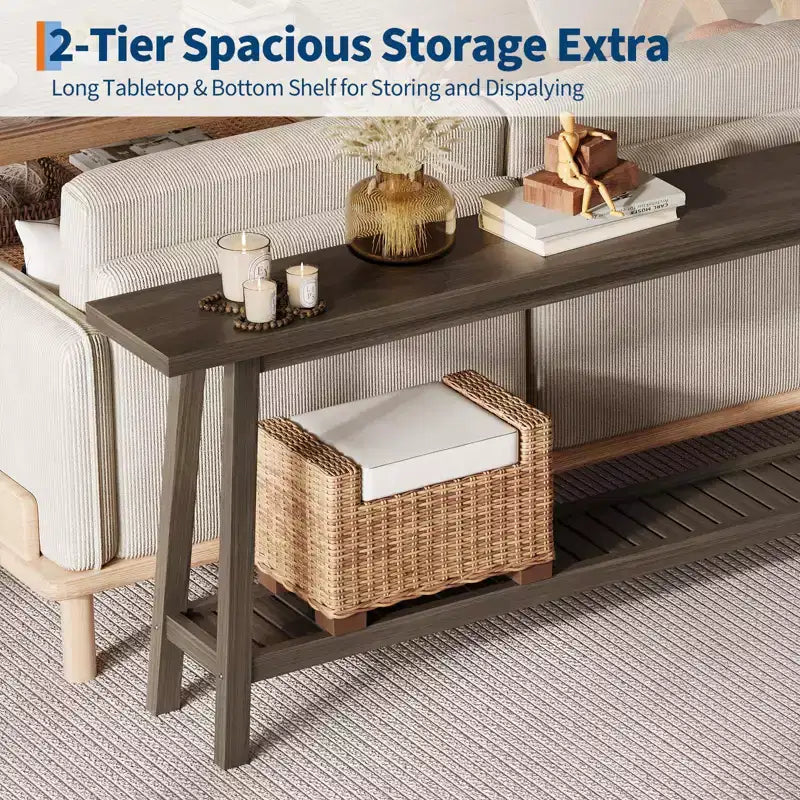 Extra Long 70.9 2-Tier Wooden Console Table - Narrow Rustic Farmhouse Sofa Table Behind Couch for Hallway, Entryway, Foyer