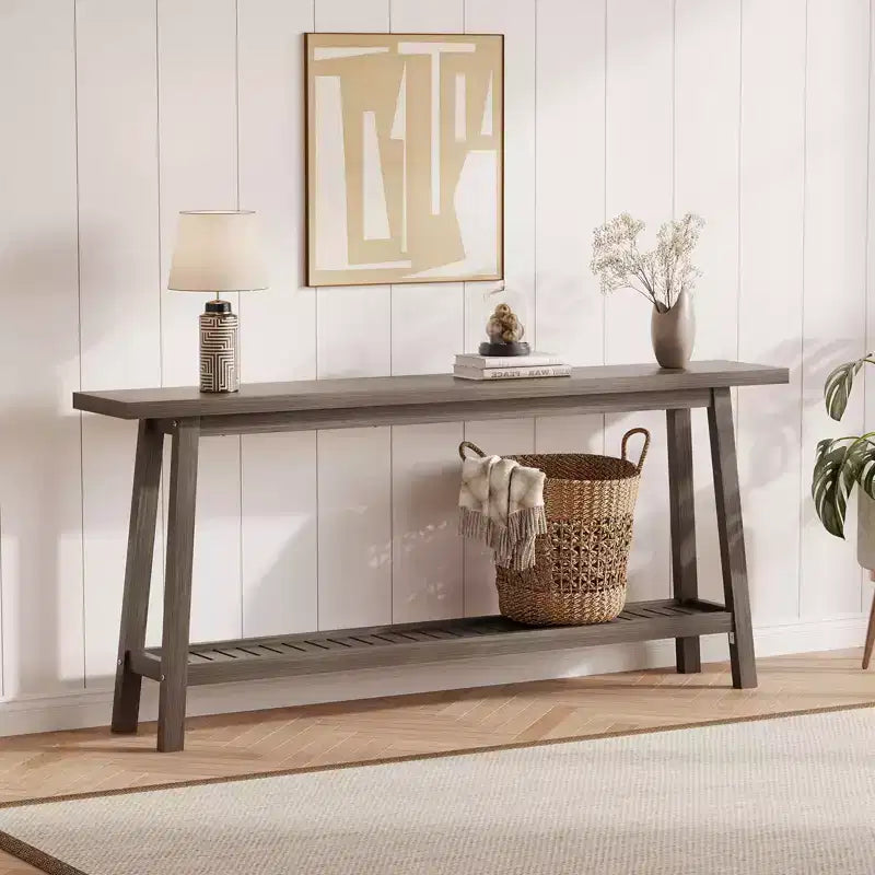 Extra Long 70.9 2-Tier Wooden Console Table - Narrow Rustic Farmhouse Sofa Table Behind Couch for Hallway, Entryway, Foyer