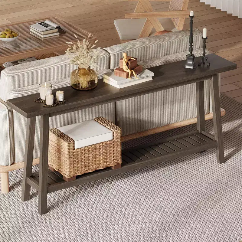 Extra Long 70.9 2-Tier Wooden Console Table - Narrow Rustic Farmhouse Sofa Table Behind Couch for Hallway, Entryway, Foyer