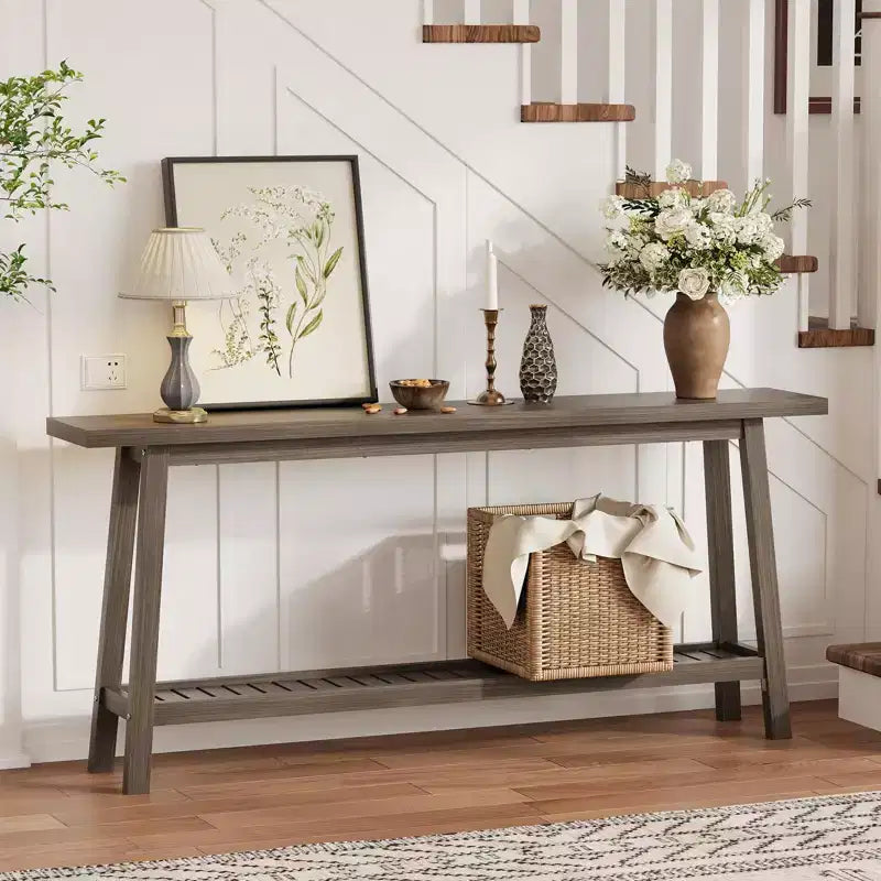 Extra Long 70.9 2-Tier Wooden Console Table - Narrow Rustic Farmhouse Sofa Table Behind Couch for Hallway, Entryway, Foyer