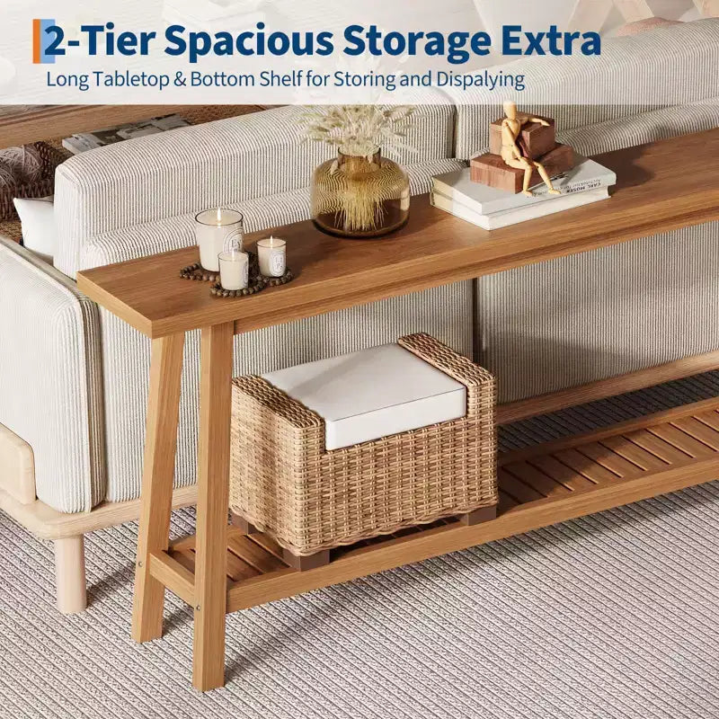 Extra Long 70.9 2-Tier Wooden Console Table - Narrow Rustic Farmhouse Sofa Table Behind Couch for Hallway, Entryway, Foyer